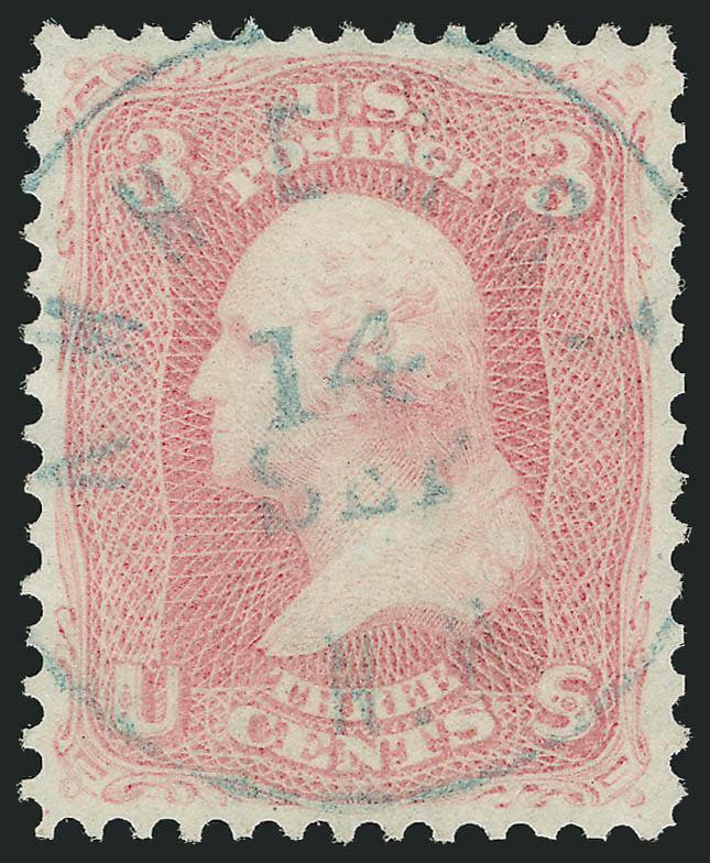 3c Pink (64).> Beautifully centered, light strike of <blue> Amherst N.Y. 14 Sep. circular datestamp<><>^EXTREMELY FINE GEM. A BEAUTIFUL USED EXAMPLE OF THE 1861 3-CENT PINK, WITH A GORGEOUS BLUE
SOCKED-ON-THE-NOSE CIRCULAR DATESTAMP.^<><>With