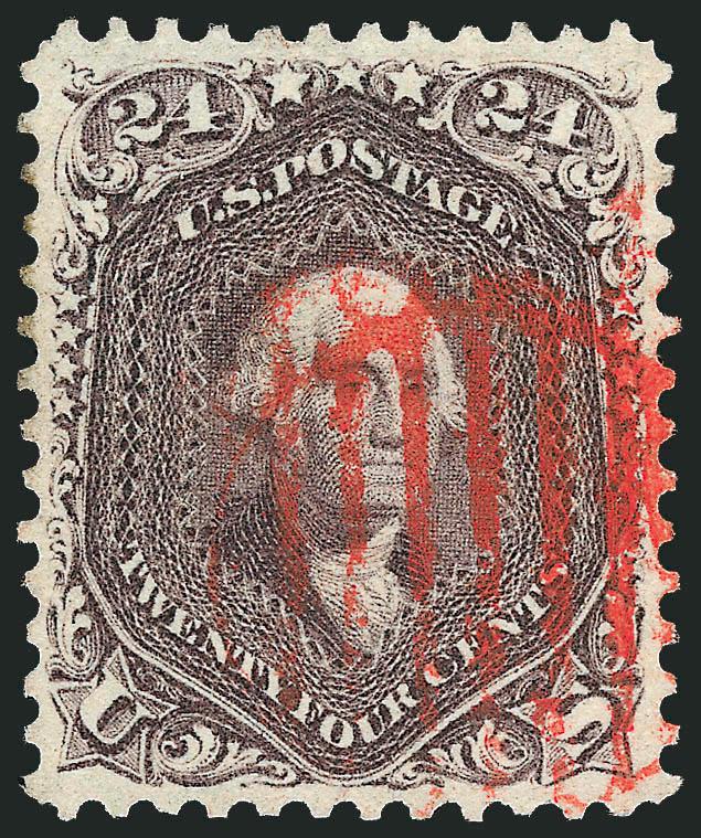 24c Red Lilac (70).> Beautifully centered with balanced margins all around, deep shade and proof-like impression on bright paper, <red grid> cancel<><>^EXTREMELY FINE GEM. A SUPERB USED EXAMPLE OF THE 24-CENT RED
LILAC SHADE IN THE FINEST CONDITION