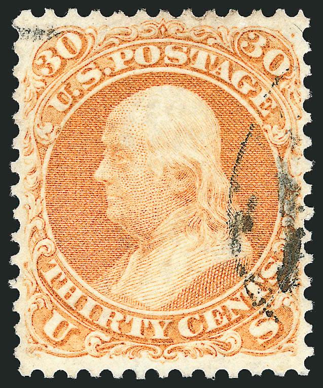 30c Orange (71).> Radiant color, choice centering with well-proportioned margins, face-free cancel leaves design clearly visible, Extremely Fine Gem, a beautiful stamp, ex Hinrichs, with 1995 and 2004 P.F.
certificates