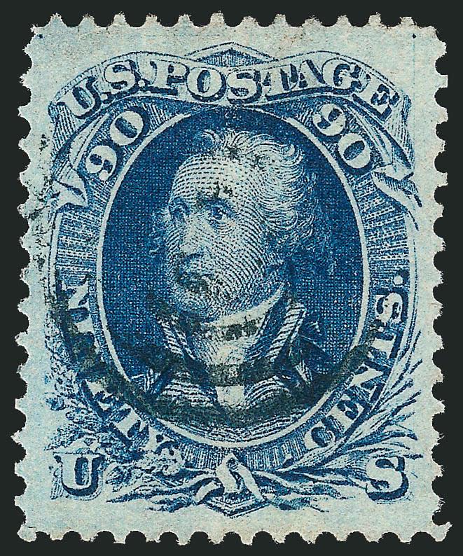 90c Blue (72).> Deep rich color and detailed impression, choice centering with enormous margins on all sides, unobtrusive target cancel<><>^EXTREMELY FINE GEM. A TRULY OUTSTANDING USED EXAMPLE OF THE 1861 90-CENT
BLUE WITH EXCEPTIONALLY WIDE MARGIN