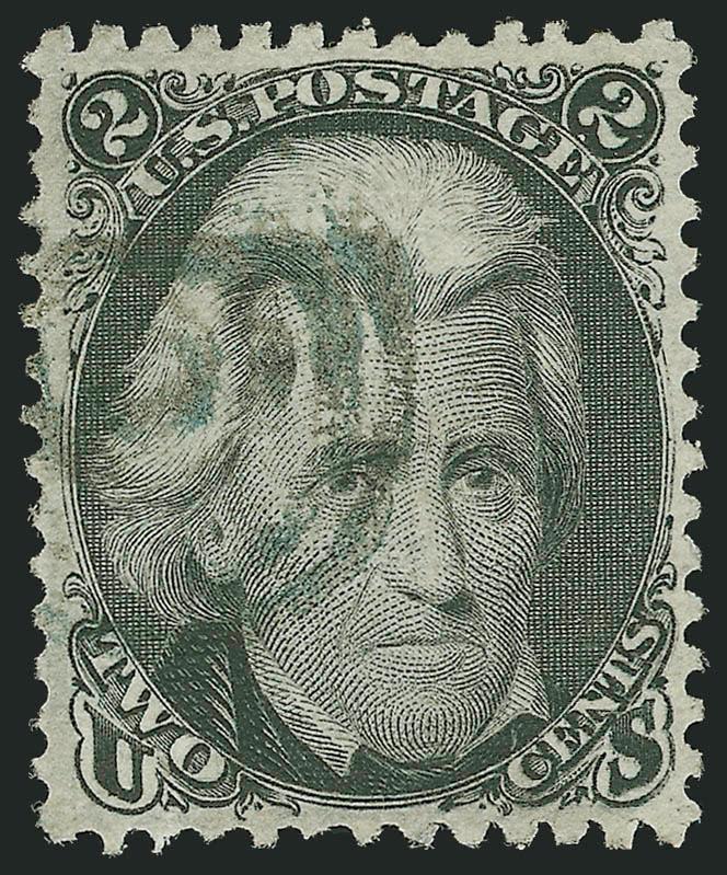 2c Black, D. Grill (84).> Perfectly centered, deep shade, lightly cancelled by blue-black target, full clear grill impression showing the requisite 15 columns of points<><>^EXTREMELY FINE GEM. APART FROM THE A
AND Z GRILL RARITIES, THE 2-CENT 1868