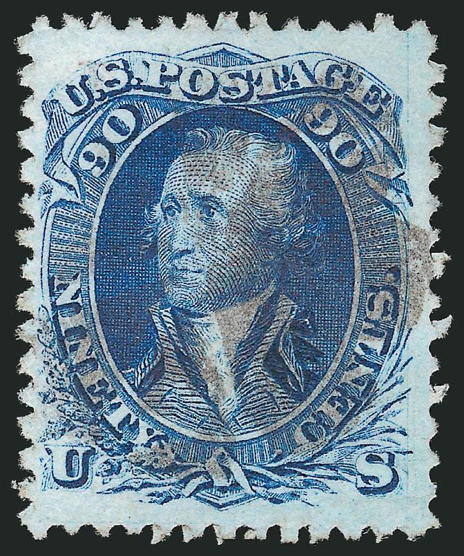 90c Blue, F. Grill (101).> Deep rich color on bright paper, clear grill, unobtrusive strike of circle of wedges cancel, choice centering for this difficult issue<><>^EXTREMELY FINE. A BEAUTIFUL USED EXAMPLE OF
THE 1868 90-CENT F GRILL. ONE OF THE M