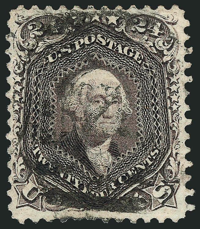 24c Deep Violet, Re-Issue (109).> Choice centering, dark shade, proof-like impression on bright paper, neat strike of duplex cancel<><>^EXTREMELY FINE. THE 24-CENT 1861 RE-ISSUE IS EXTREMELY RARE IN USED
CONDITION. ONLY THIRTEEN USED COPIES ARE CON