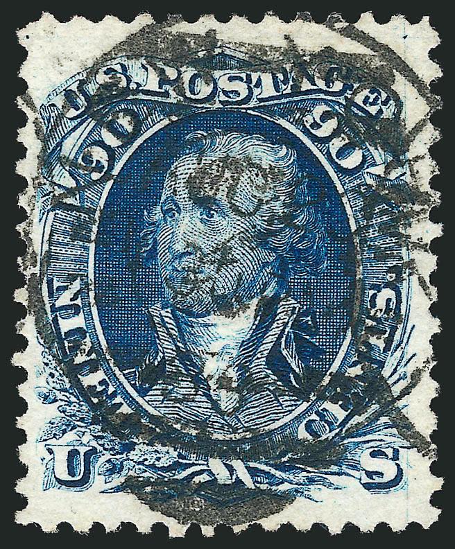 90c Blue, Re-Issue (111).> Perfect centering with wide even margins, deep rich color and intense impression on crisp white paper, neatly cancelled by New York City circular datestamp and oval grid<><>^EXTREMELY
FINE GEM. ONE OF THE TWO FINEST EXAMP