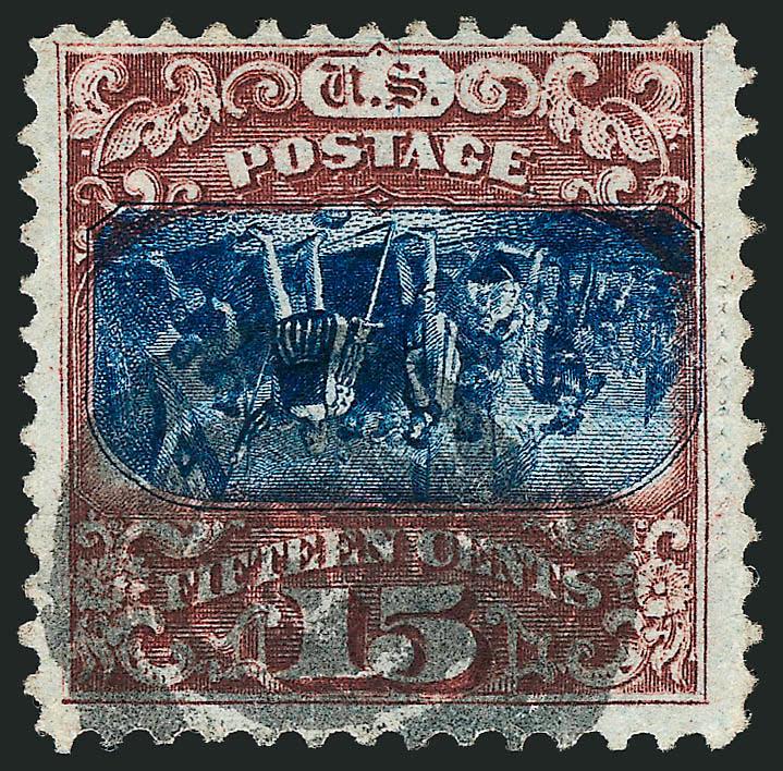 15c Brown & Blue, Ty. II, Center Inverted (119b).> Deep rich colors, unusually choice centering for this difficult invert<><>^VERY FINE. AN EXCEPTIONALLY CHOICE AND RARE SOUND USED EXAMPLE OF THE 15-CENT 1869
PICTORIAL INVERT. THE COLORS ARE RICH A
