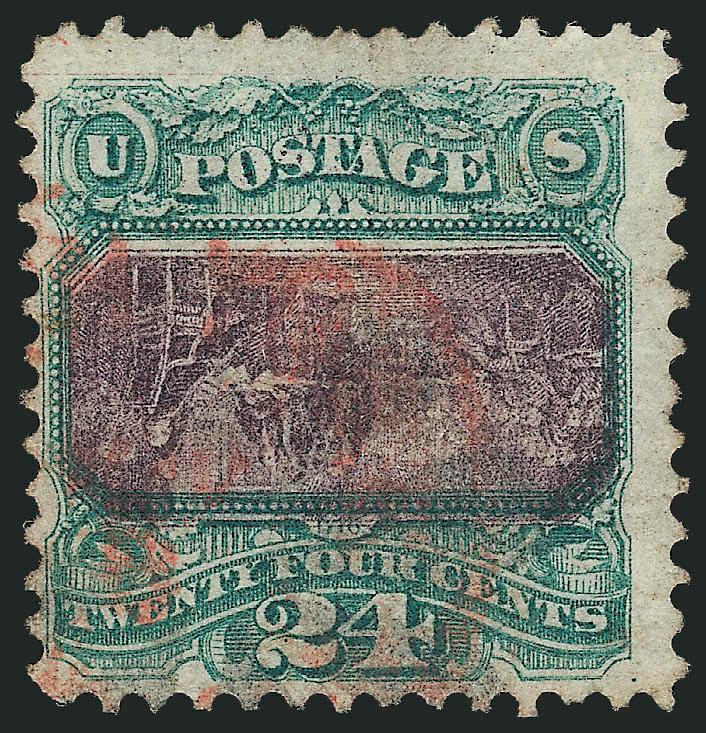 24c Green & Violet, Center Inverted (120b).> Rich colors, light cork cancel <red circular datestamp> which allow the vignette to be clearly seen<><>^FINE. A RARE SOUND EXAMPLE OF THE 24-CENT 1869 PICTORIAL ISSUE
INVERT, WHICH IS ESPECIALLY DESIRABL