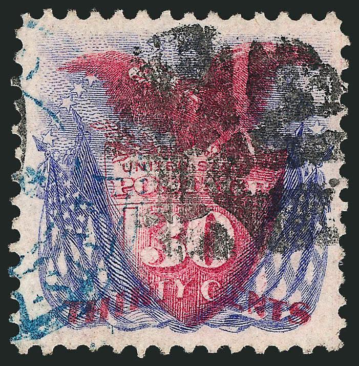 30c Ultramarine & Carmine (121).> Intense colors and impressions, bold cork cancel and also prominent <blue> cancel at left, Very Fine and choice, with 1991 P.F. certificate