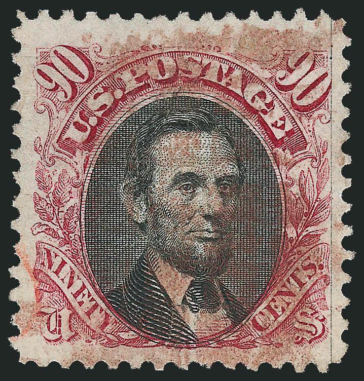 90c Carmine & Black (122).> Choice centering with unusually wide margins, light strike of <red cork> cancel<><>^EXTREMELY FINE. A HANDSOME USED EXAMPLE OF THE 90-CENT 1869 PICTORIAL. ESPECIALLY SCARCE AND
DESIRABLE WITH A RED CANCELLATION.^<><>Wi