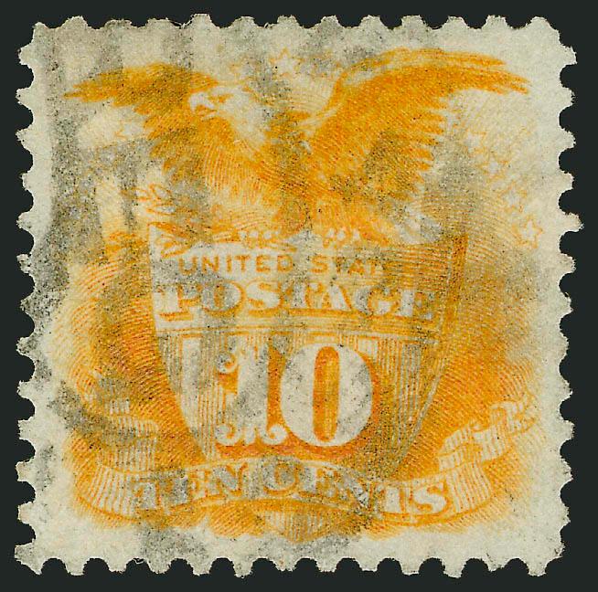 10c Yellow, Re-Issue (127).> Bold strike of oval registry cancel<><>^FRESH AND VERY FINE USED EXAMPLE OF THE 10-CENT 1869 PICTORIAL RE-ISSUE.^<><>Ex Coulter. With 1974 and 2006 P.F. certificates (XF 90 SMQ
$3,750.00). SMQ estimates that approxim