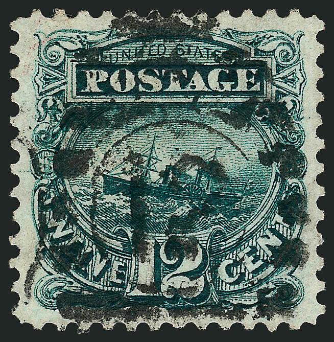 12c Green, Re-Issue (128).> Absolutely perfect centering, wide even margins, deep rich color, clear strike of New York City oval grid, trivial tiny corner creases at top<><>^EXTREMELY FINE APPEARANCE. ONE OF THE
MOST ELUSIVE OF THE 1869 RE-ISSUES I