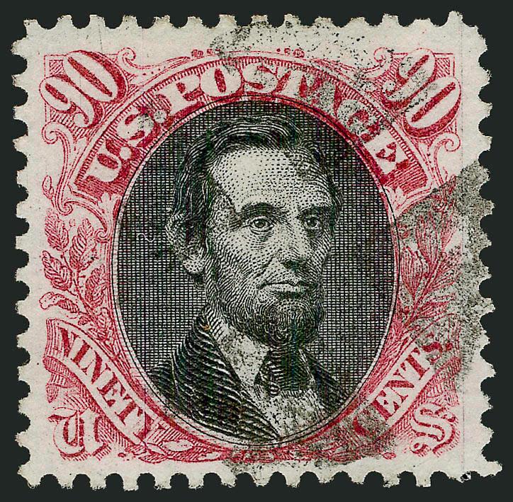 90c Carmine & Black, Re-Issue (132).> Deep rich colors, unobtrusive strike of quartered cork cancel, wide margins<><>^VERY FINE AND CHOICE. A BEAUTIFUL AND RARE USED EXAMPLE OF THE 90-CENT 1869 PICTORIAL
RE-ISSUE.^<><>Ex Coulter. With 1972 and 20