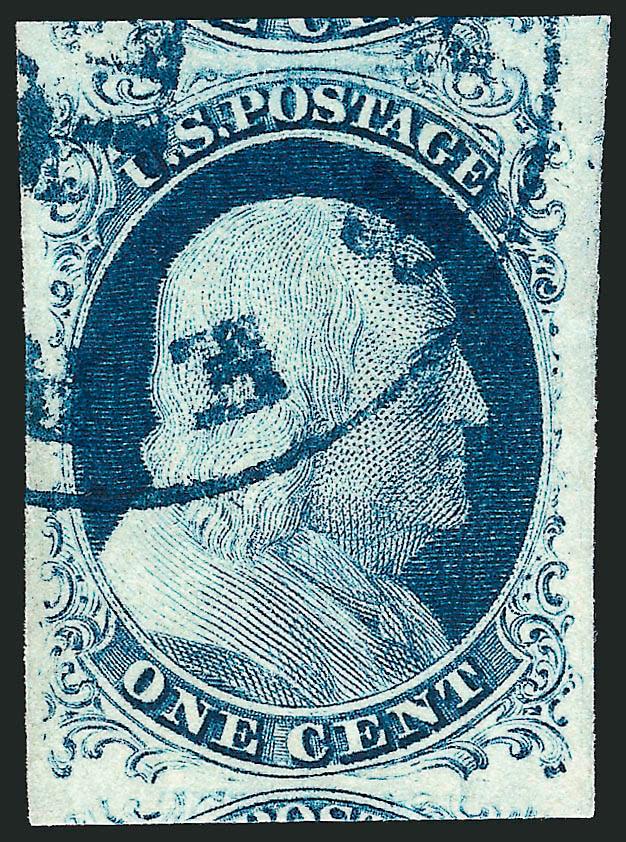 1c Blue, Ty. IV (9).> Position 42L1L, huge margins incl. significant portions of adjoining stamps at top and bottom, bold strike of <blue town datestamp,> Extremely Fine Gem, a huge stamp, with 2006 P.F.
certificate (XF-Superb 95 SMQ $860.00)