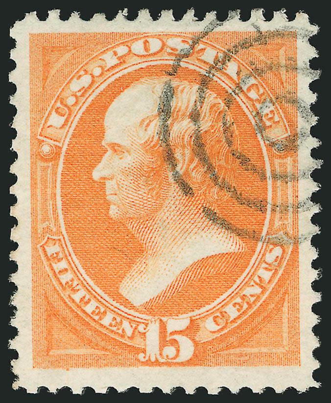 15c Bright Orange (152).> Magnificent Jumbo margins with essentially perfect centering, bright and fresh color, neat target cancel, an Extremely Fine Gem, the ideal stamp for the collector who has been patiently
waiting for the right 15c National,