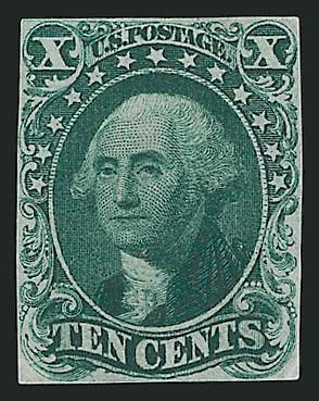 10c Green, Ty. I., Large Die Proof on India (13P1).> Off card and cut down to stamp size, tight margins but clear all around, Fine, possibly produced in this form as a hybrid, nevertheless a rare die
proof