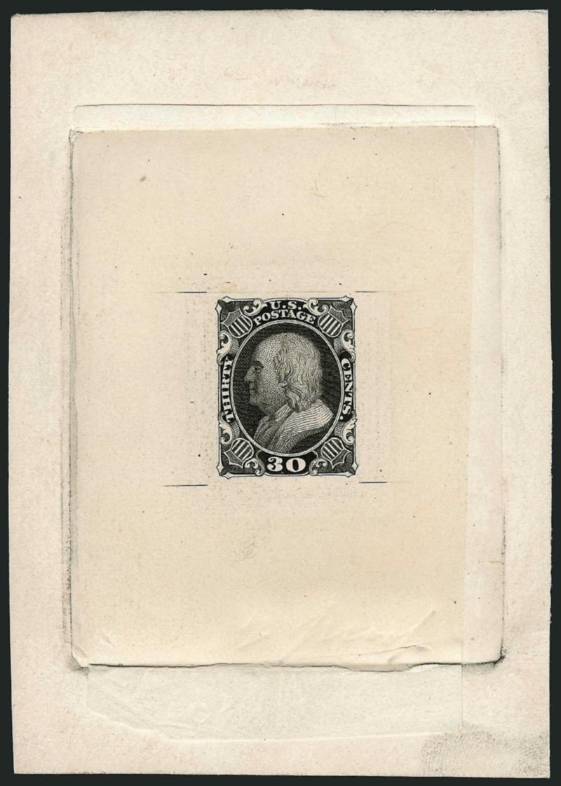 30c Black, Large Die Trial Color Proof on India (38TC1).> Die sunk on 75 x 106mm card, sharp impression, albino 2 proof at bottom of India probably from someone at the printers writing on top of the
proof<><>^EXTREMELY FINE. A RARE LARGE DIE TRI