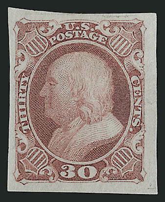30c Rose Lake, Large Die Trial Color Proof on India (38TC1 var).> Unlisted color, off card and cut down but with large to huge margins, Very Fine and choice, the 90c is listed in this color but as a plate proof
on wove paper, there is a listed 30c pl