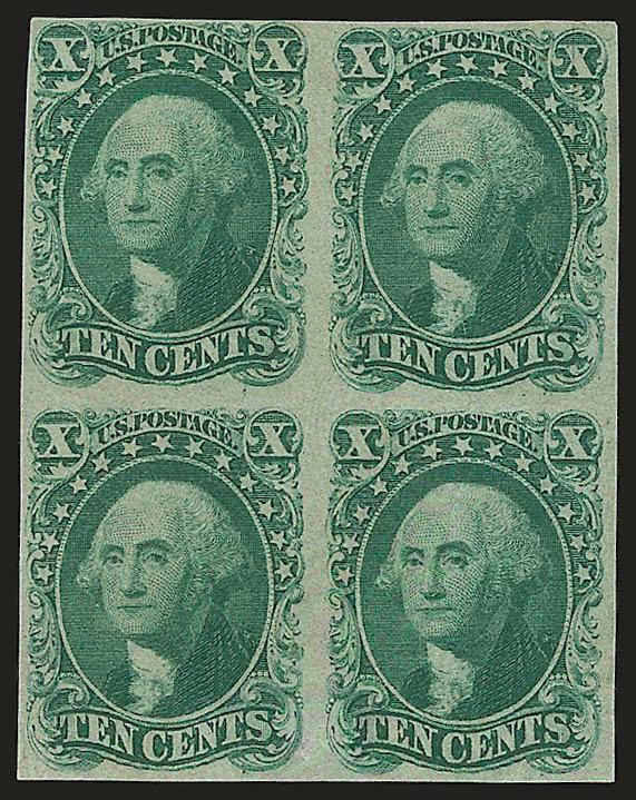 10c Green, Ty. I, 1857 Reprint Plate Proof on Thin Wove Paper (43P3 var.).> Block of four, margins all around, small scissors cut in top left proof at top just into design, bottom right light crease, otherwise
Fine-Very Fine, we do not believe this t