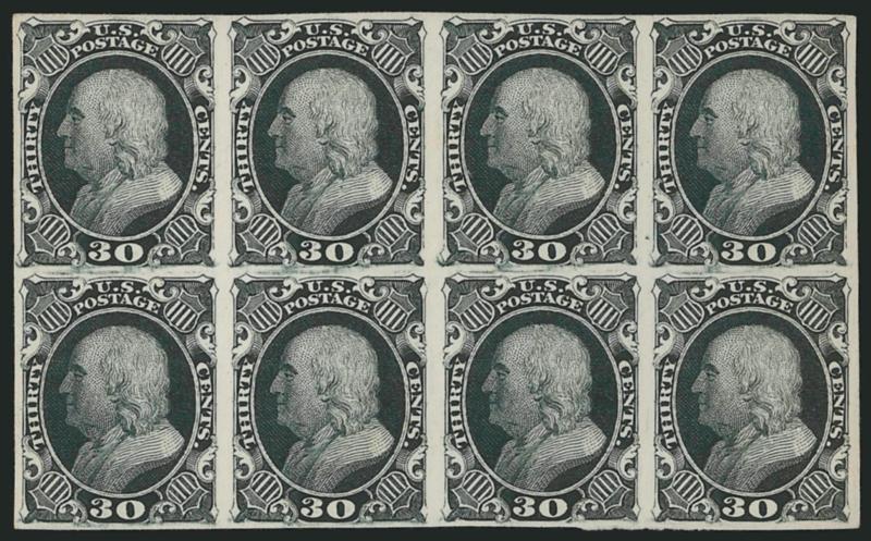 30c 1851-60 Issue, Atlanta Trial Color Plate Proofs (46TC).> Green and Brown blocks of four, Black horizontal block of eight, Very Fine-Extremely Fine