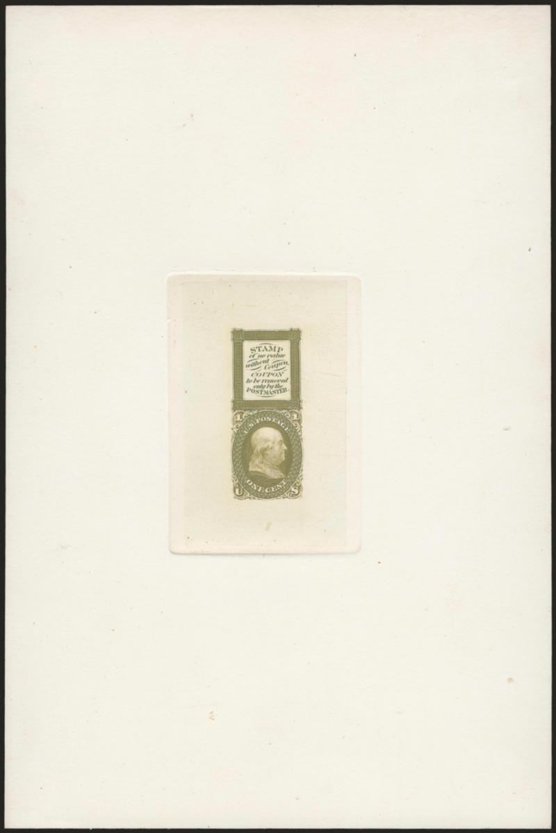 1c Olive Yellow, Bowlsby Patent Coupon, Die Essay on India (63-E13a).> On 151 x 227mm card with full die sinkage, distinctive shade, fresh and Very Fine, <this color is unlisted in Scott>