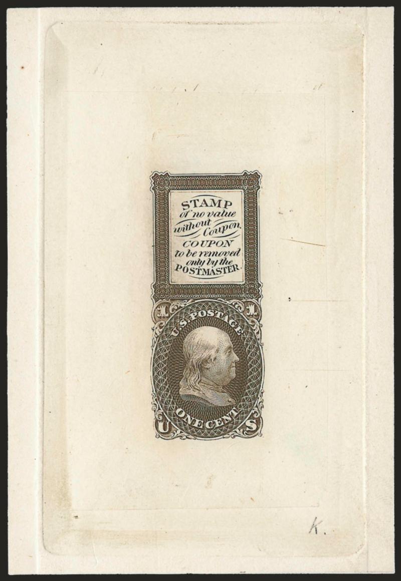 1c Brown, Bowlsby Patent Coupon, Die Essay on India (63-E13a).> On 68 x 101mm card with full die sinkage, rich color, fresh and Very Fine