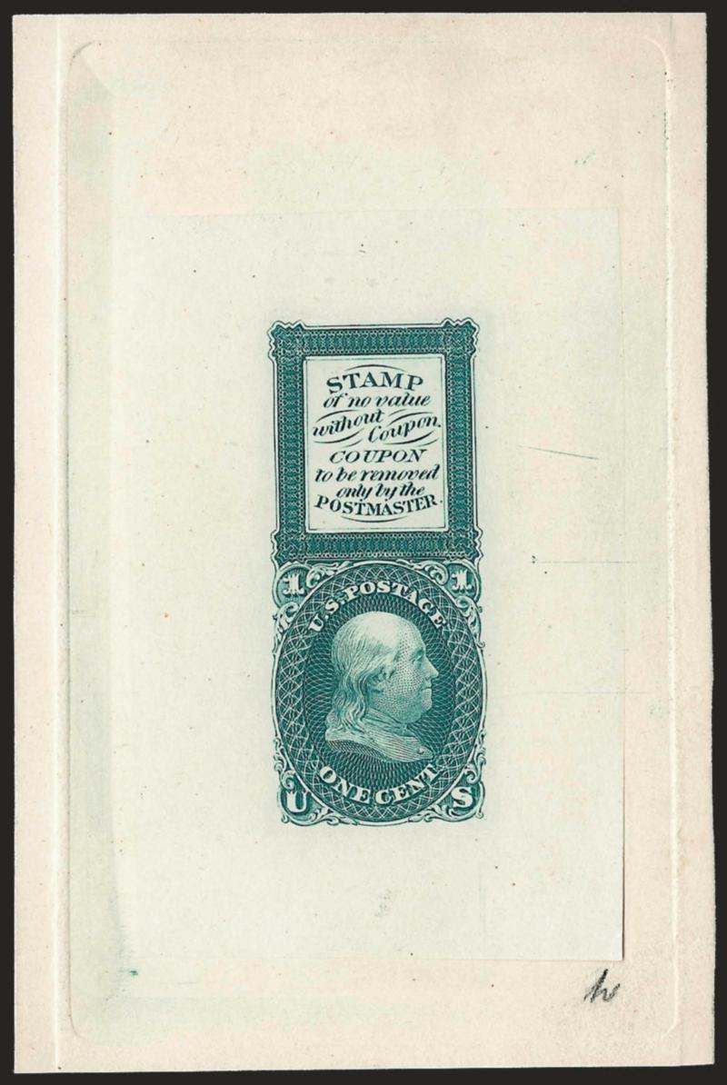 1c Blue Green, Bowlsby Patent Coupon, Die Essay on India (63-E13a).> On 65 x 100mm card with full die sinkage, rich color, ms. h at bottom right, Very Fine and choice