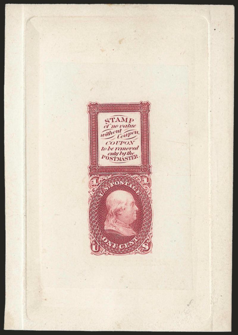 1c Red, Bowlsby Patent Coupon, Die Essay on India (63-E13a).> On 71 x 101mm card with full die sinkage, radiant color, Very Fine