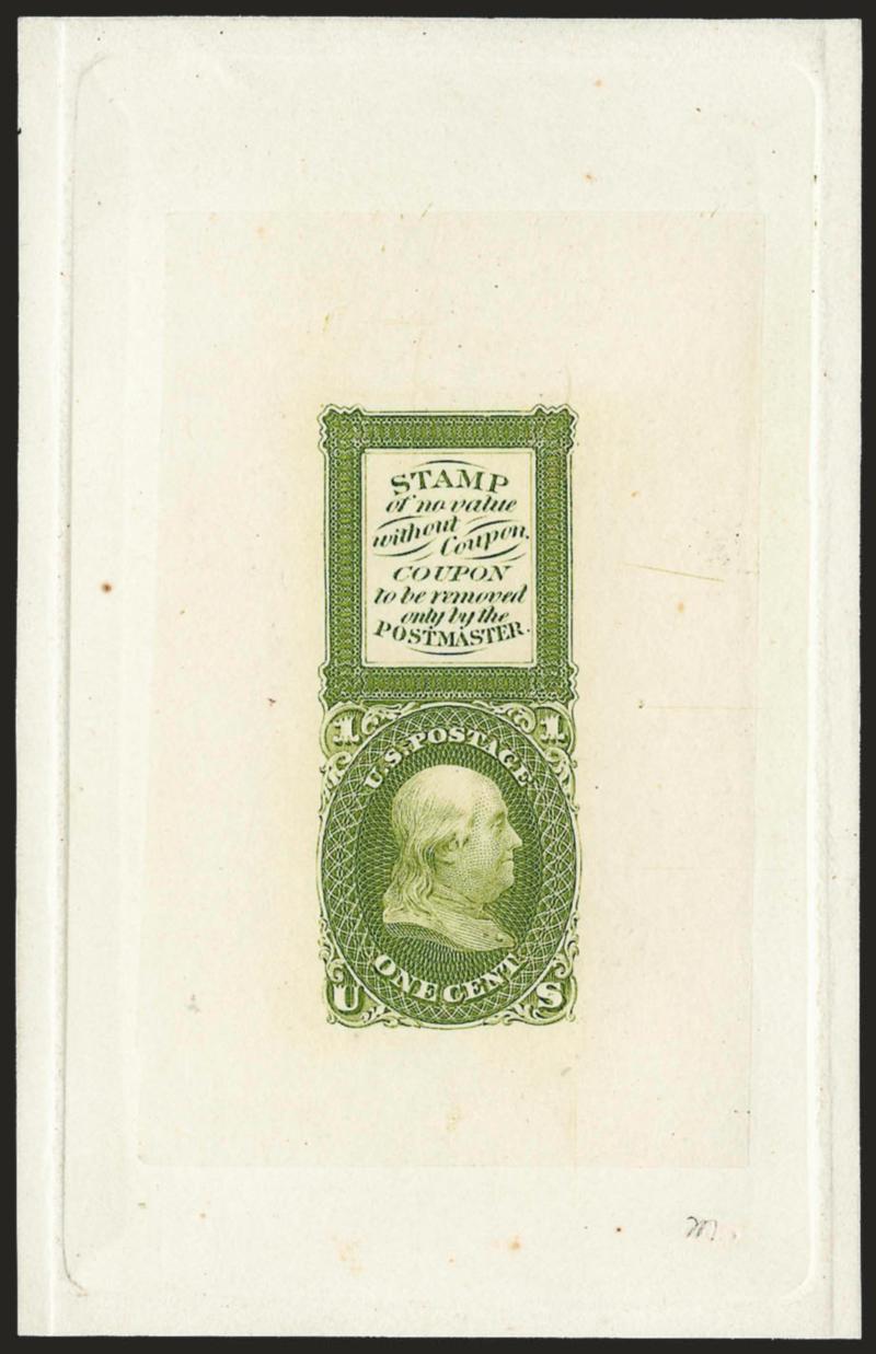 1c Apple Green, Bowlsby Patent Coupon, Die Essay on India (63-E13a).> On 65 x 101mm card with full die sinkage, deep rich color, ms. m at bottom right, Very Fine and choice, <this color unlisted in
Scott>