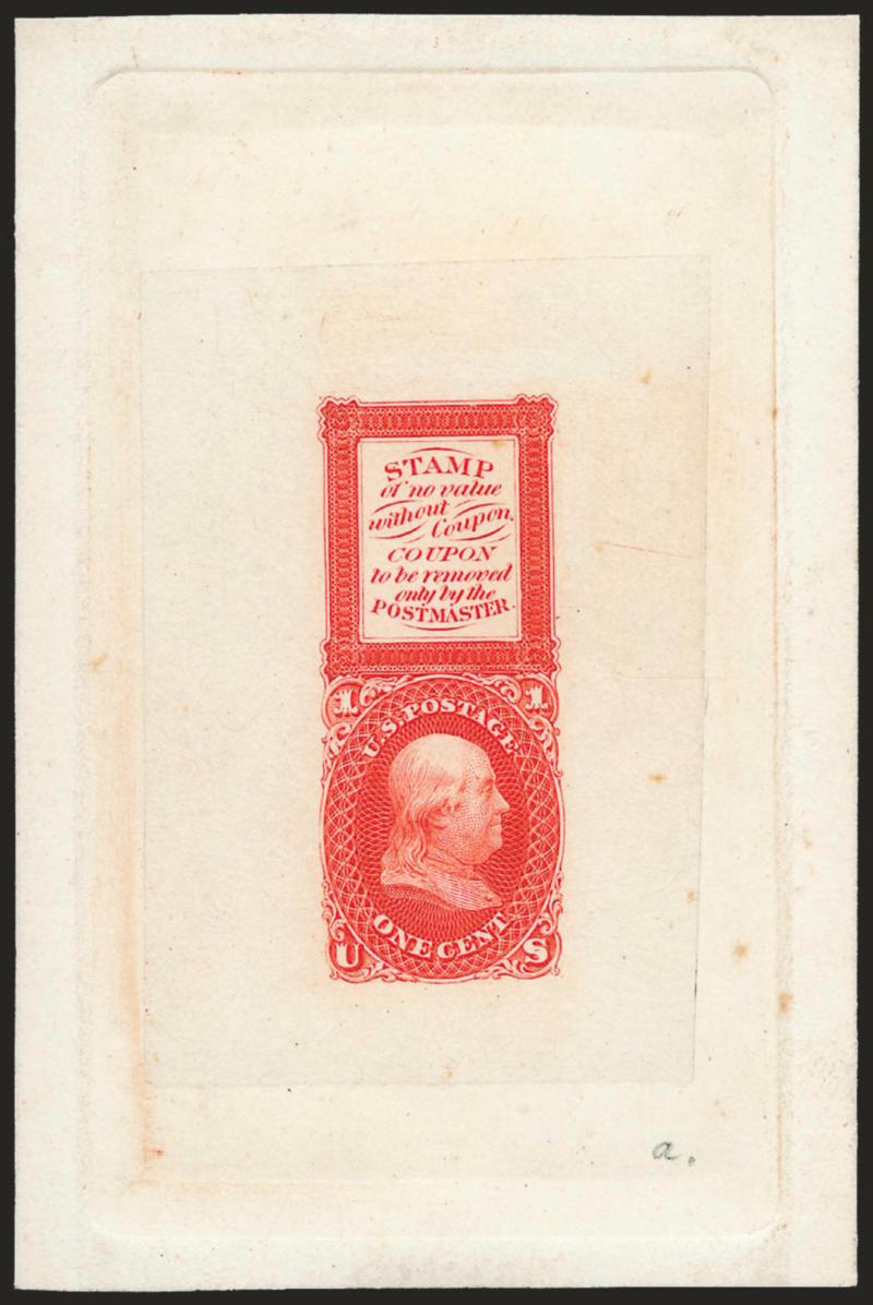 1c Orange, Bowlsby Patent Coupon, Die Essay on India (63-E13a).> On 69 x 104mm card with full die sinkage, brilliant color as fresh as the day it was printed, small ms. a. at bottom right, few light toned spots
well away from design, otherwise Very