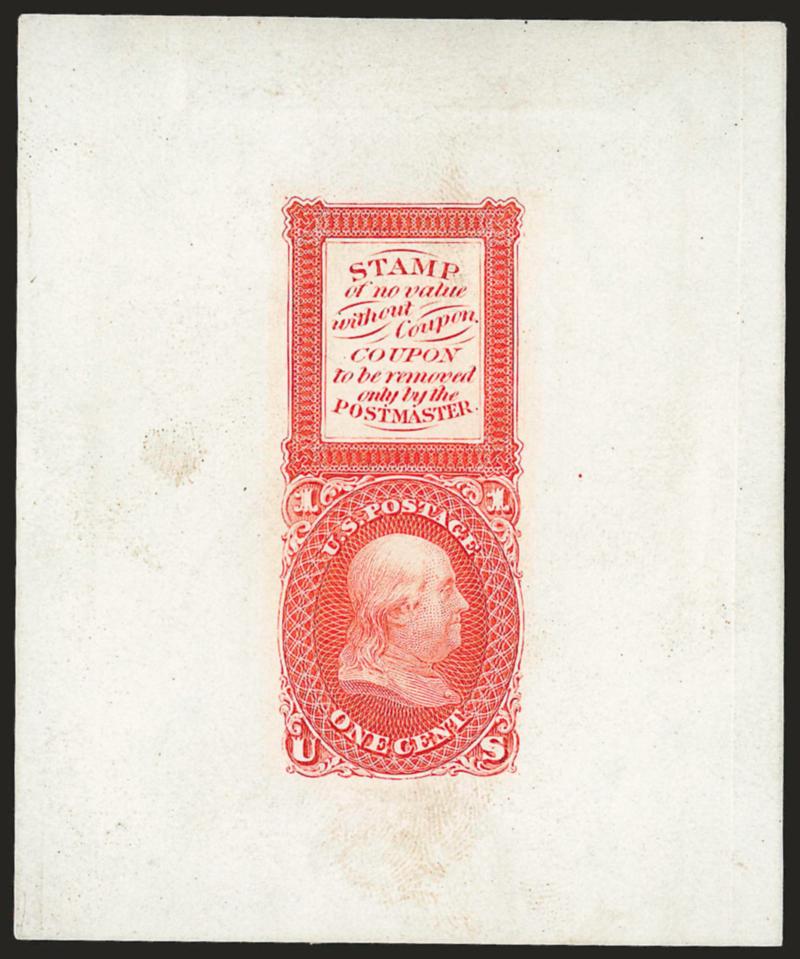 1c Bowlsby Patent Coupon Die Essay on White Glazed Paper (63-E13b).> Complete set in all four Scott-listed colors, approximately 64 x 77mm, few small thin spots from mount removal<><>^VERY FINE APPEARANCE. A
SCARCE COMPLETE SET OF ALL FOUR SCOTT-LI