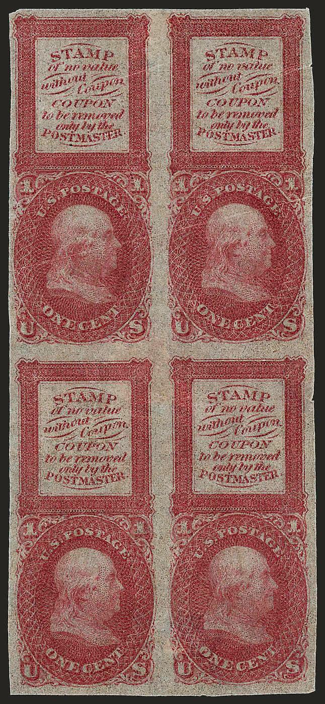 1c Red, Bowlsby Patent Coupon, Plate Essay on Pelure Paper (63-E13c).> Block of four, large margins, full original gum, usual creases and flaws often associated with this fragile paper, otherwise Very Fine,
scarce multiple, Scott Retail as singles