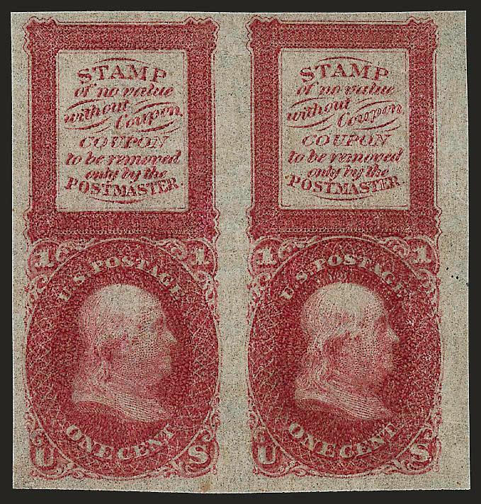 1c Red, Bowlsby Patent Coupon, Plate Essay on Pelure Paper (63-E13c).> Horizontal pair, large to huge margins, original gum, light natural gum bends and in better condition than most, Very Fine-Extremely
Fine