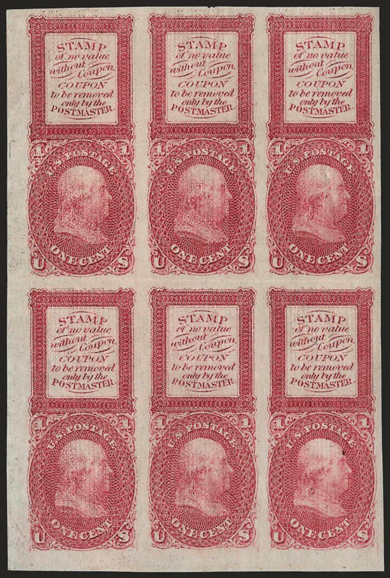 1c Red, Bowlsby Patent Coupon, Plate Essay on White Paper, 13 x 16mm Grill (63-E13e).> Block of six, huge margins all around incl. <bottom left corner sheet margin,> original gum, bright color, folded
horizontally between stamps, light diagonal creas