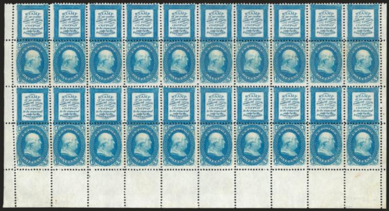 1c Blue, Bowlsby Patent Coupon, Plate Essay, Perforated All Around (63-E13f).> Block of 20 with <selvage at both sides and at bottom,> original gum, deep rich color<><>^VERY FINE. THIS IS SURELY THE LARGEST
RECORDED MULTIPLE OF THE ONE-CENT BOWLSBY