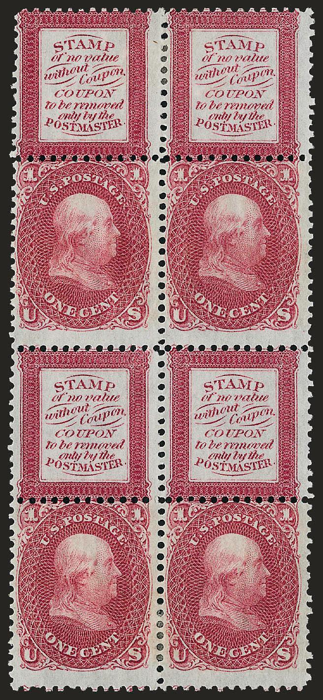 1c Red, Bowlsby Patent Coupon, Plate Essay, Perforated All Around (63-E13f).> Block of four, original gum, bottom stamps h.r., deep rich color, Fine, scarce multiple, Scott Retail as singles