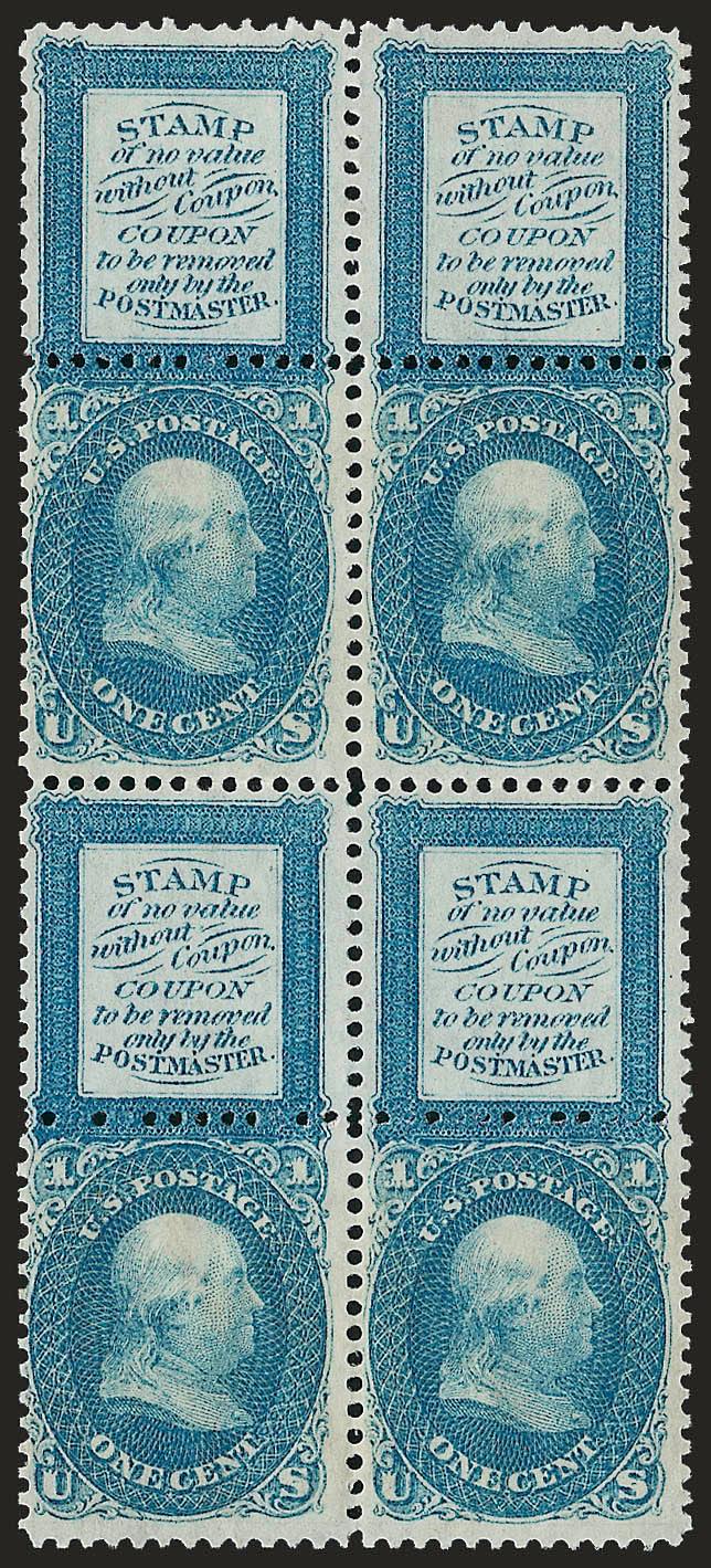 1c Blue, Bowlsby Patent Coupon, Plate Essay, Perforated All Around (63-E13f).> Block of four, original gum, rich color, choice centering, Very Fine, scarce block, Scott Retail as singles