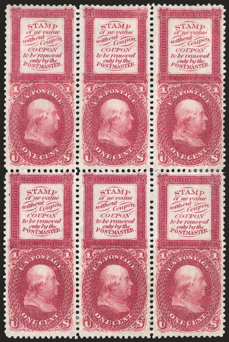 1c Red, Bowlsby Patent Coupon, Plate Essay, Perforated All Around, Imperforate Between Stamp and Coupon (63-E13g).> Block of six, original gum, h.r. at top and bottom, bright color, Very Fine and choice, scarce
multiple, Scott Retail as singles