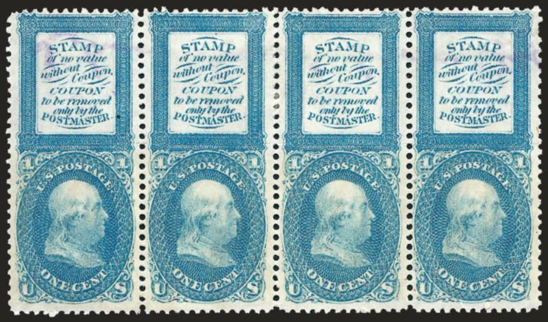 1c Blue, Bowlsby Patent Coupon, Plate Essay, Perforated All Around, Rouletted Between Stamp and Label (63-E13h).> Horizontal strip of four, original gum, bright color, lightened purple handstamp in coupon,
otherwise Very Fine, this is the <largest re