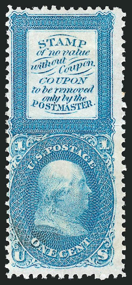1c Blue, Bowlsby Patent Coupon, Plate Essay, Perforated All Around, Rouletted Between Stamp and Label (63-E13h).> Original gum, bright shade, trivial soiling at bottom left, otherwise Fine