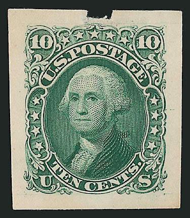 10c Green, Panama-Pacific Small Die Proof (68P2a).> Typical light toning, not a fault, but characteristic of these scarce proofs, tiny thin and small piece out of top margin, both clear of design, otherwise
Very Fine