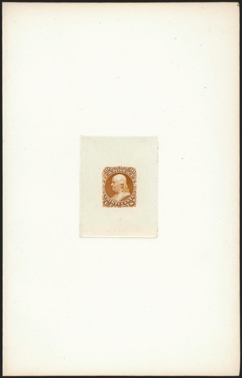 30c Orange, Large Die Proof on India (71P1).> Die sunk on 140 x 218mm card, also incl. 65 x 65mm Die Essay of 24c Blue on bond No. 70-E4h, Very Fine-Extremely Fine