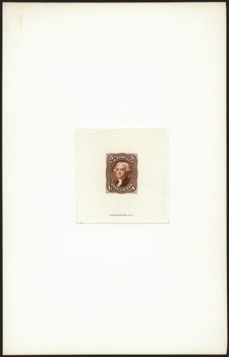 5c Brown, Large Die Proof on India (76P1).> Die sunk on 140 x 218mm card, National Bank Note Co. imprint and faint 442 die no., Extremely Fine