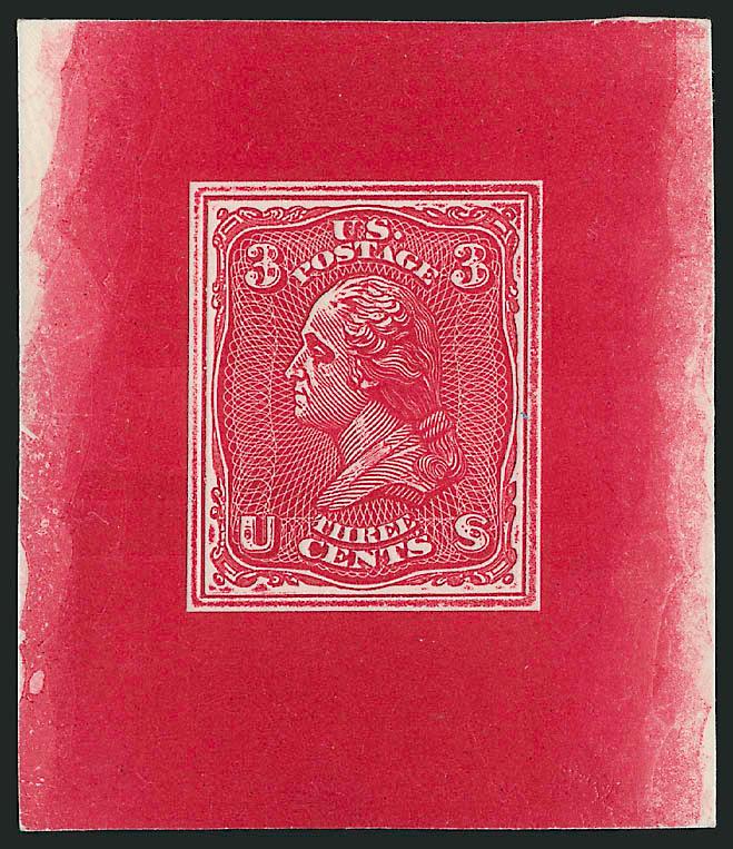 3c Washington Typographed Die Essays (79-E23a-79-E23c).> First full size, second 63x71mm with small nick at top, last is the Light Violet Red and Carmine shades, full size or wider, Very Fine with the exception
of the margin nick noted