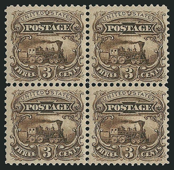 1c, 3c 1869 Issue, Small Numeral Plate Essays, Grilled, Gummed and Perforated (112-E3d, 114-E6d).> Blocks of four, two 1c (Yellow, Orange) and five different colors of the 3c, better than usual centering,
Fine-Very Fine, quite nice for these