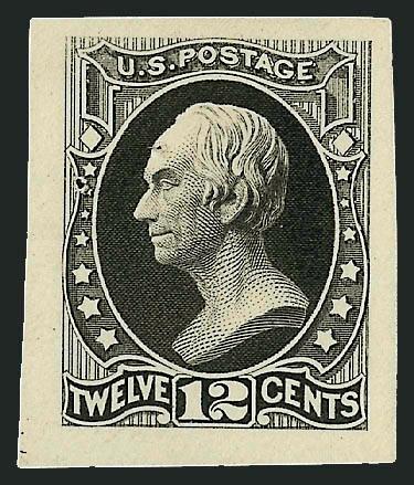 12c Black, Die Essay on Thin Yellow Card (151-E7c).> Reduced to 24.5 x 29.5mm, tiny pinhole in forehead, otherwise Very Fine