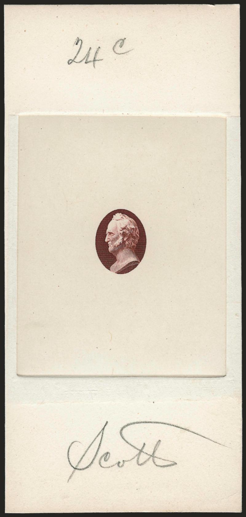 (24c) Scott, Vignette Large Die Essays on India (153-E3).> Six of the seven listed colors, die sunk on cards, one cut to die sinkage edge, four others with 2mm to 4mm of card showing all around and one much
larger top and bottom, few insignificant li