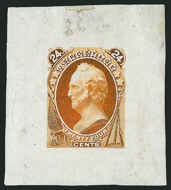 24c Scott, Large Die Essay on India (153-E4).> Two, Yellow Brown and Deep Brown, both off card, former reduced to 40 x 46mm, latter appears to be full die, India paper hinge translucencies above each design and
Deep Brown with some wrinkling, otherwi