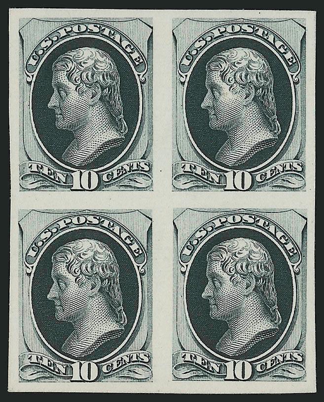 1c-10c 1873 Bank Note Issues, Atlanta Trial Color Plate Proofs (156TC-157TC, 159TC, 161TC).> Blocks of four in Black, incl. extra 1c, Extremely Fine