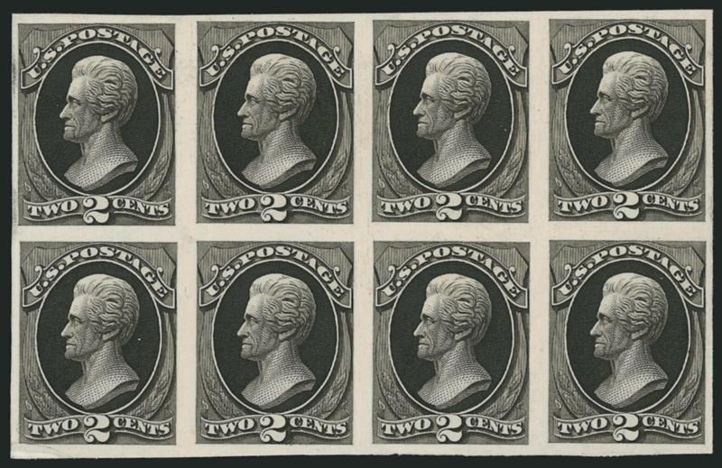 2c-7c 1873-75 Bank Note Issues, Trial Color Plate Proofs on India (157TC3-158TC3, 160TC3, 179TC3).> Eight of each in Black, virtually all in blocks of four or eight (2c), either on or off original card backing,
Very Fine-Extremely Fine lot