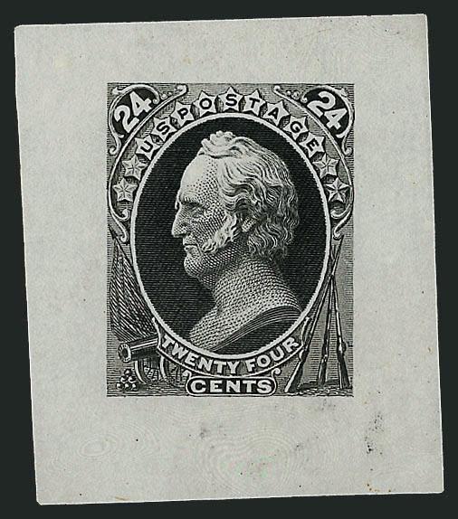 24c Scott, Goodall Small Die Trial Color Proofs on India (164TC1).> Complete set of five different colors, each approximately 32 x 40mm, four on original cards (one slight soiling and wrinkle), other off card,
trivial natural India paper hinging tran
