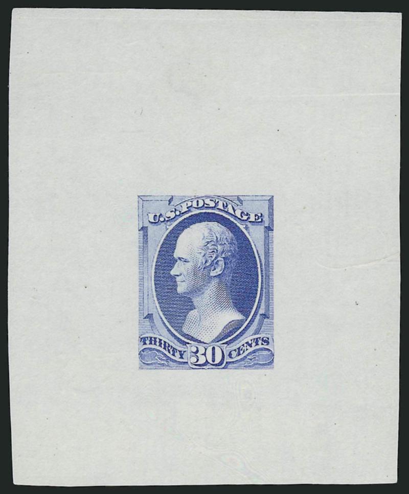 30c 1882-87 Issue, Large Die Trial Color Proofs (190TC1).> Nine different, evidently all <unlisted colors,> seven on original cards (three with full die sinkage), two off card, few trivial toning specks,
otherwise Very Fine, arguably all or some of t